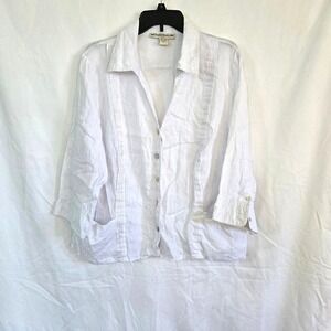 David Brooks Woman White Linen Lightweight 3/4 Sleeve Minimalist Button Shirt 1X